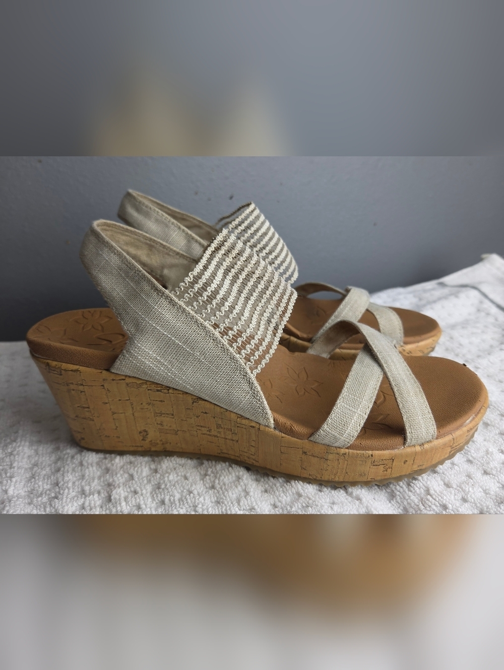 Neutral Linen Wedge Sandals with Cork Platform